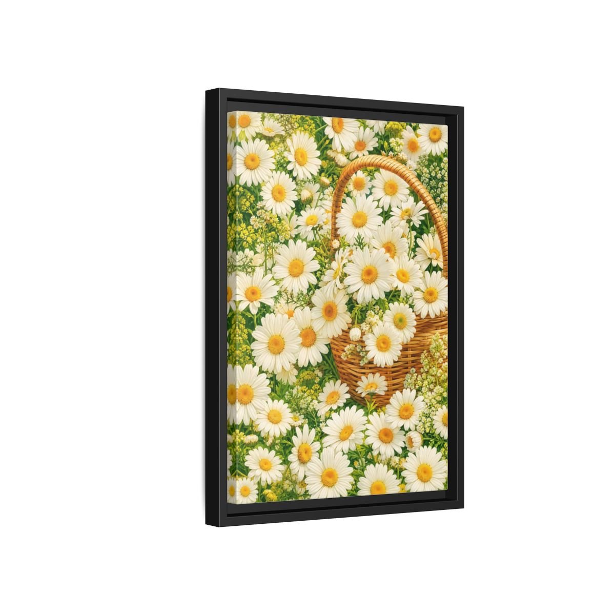 Floral Daisies White Basket Framed Canvas Print Wall Art – Naturalistic Living Room, Above Console Table - YesArtYes