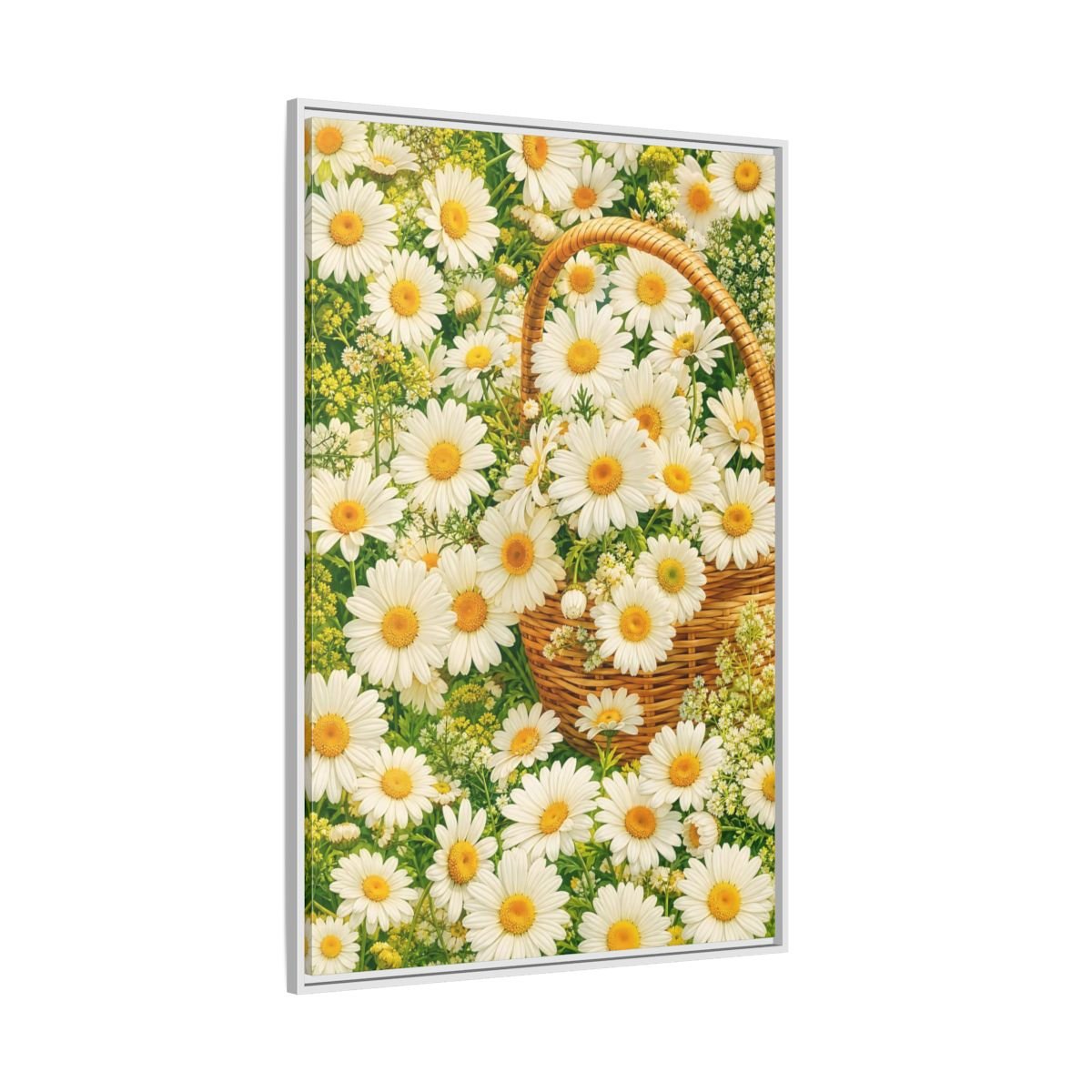 Floral Daisies White Basket Framed Canvas Print Wall Art – Naturalistic Living Room, Above Console Table - YesArtYes