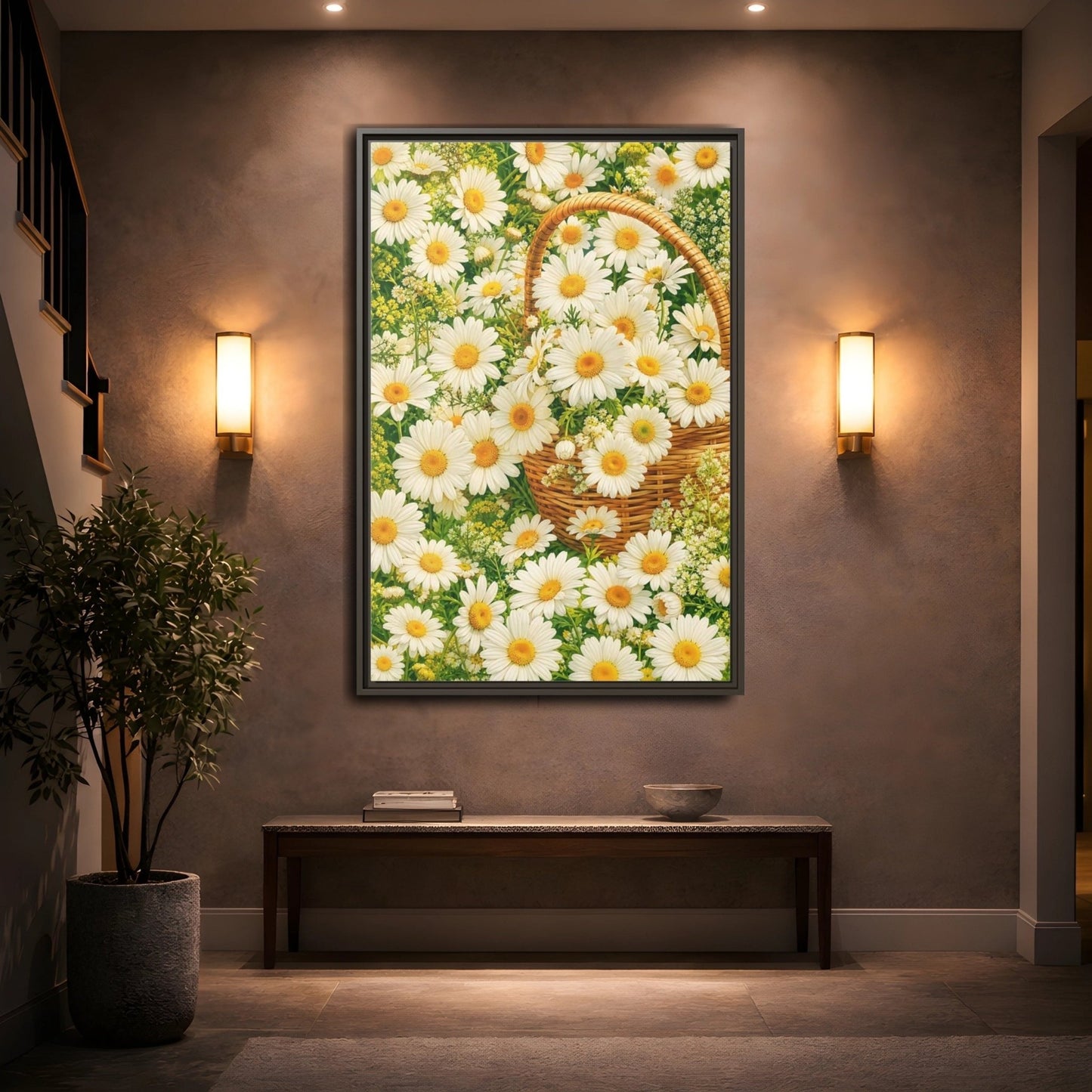 Floral Daisies White Basket Framed Canvas Print Wall Art – Naturalistic Living Room, Above Console Table - YesArtYes