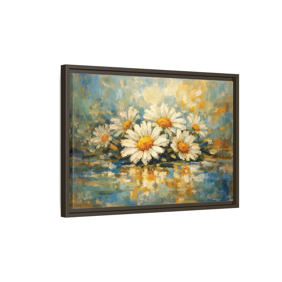 Side Mockup 2. Floral Daisies White Daisies Blue shown as stretched canvas wall art