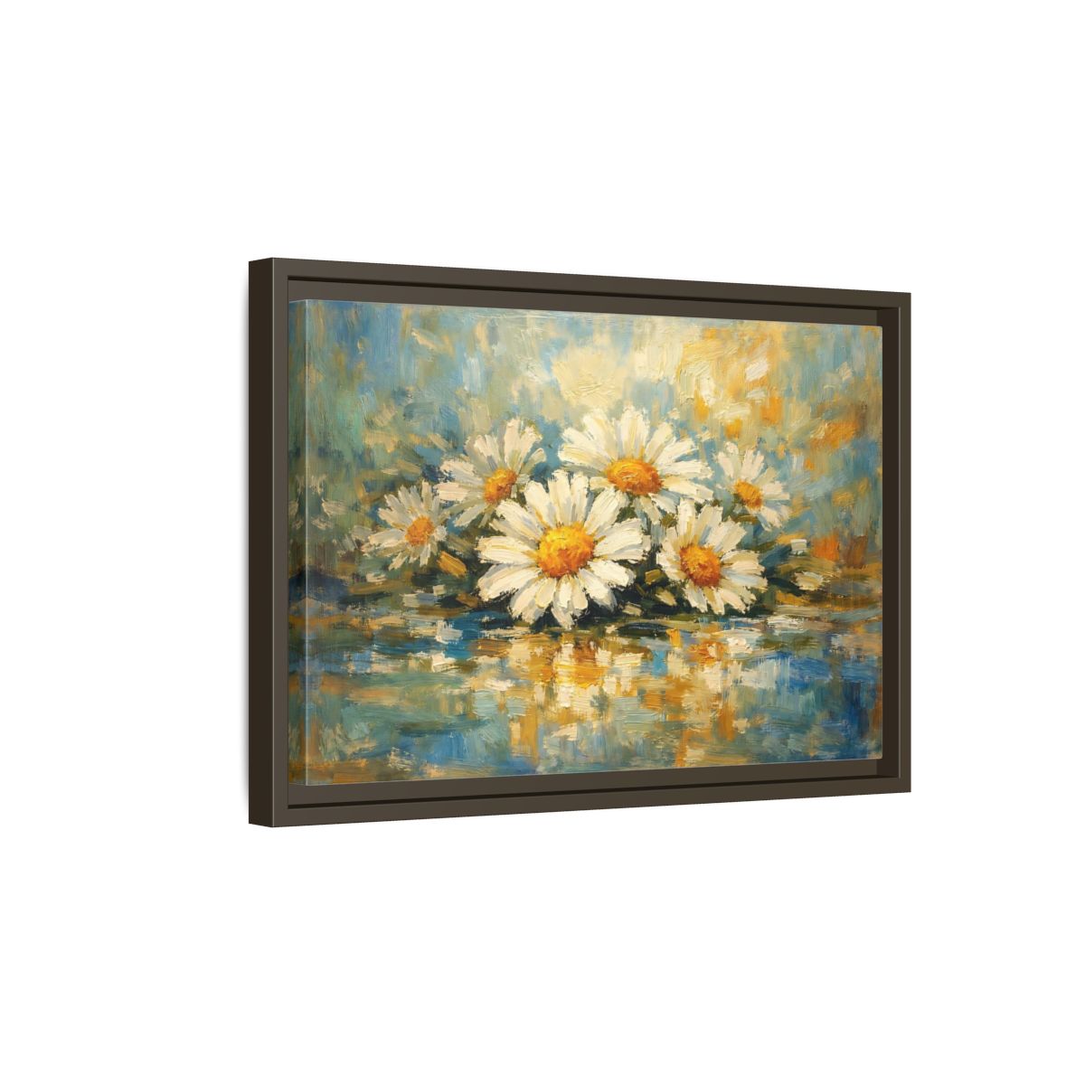 Side Mockup 5. Floral Daisies White Daisies Blue shown as stretched canvas wall art