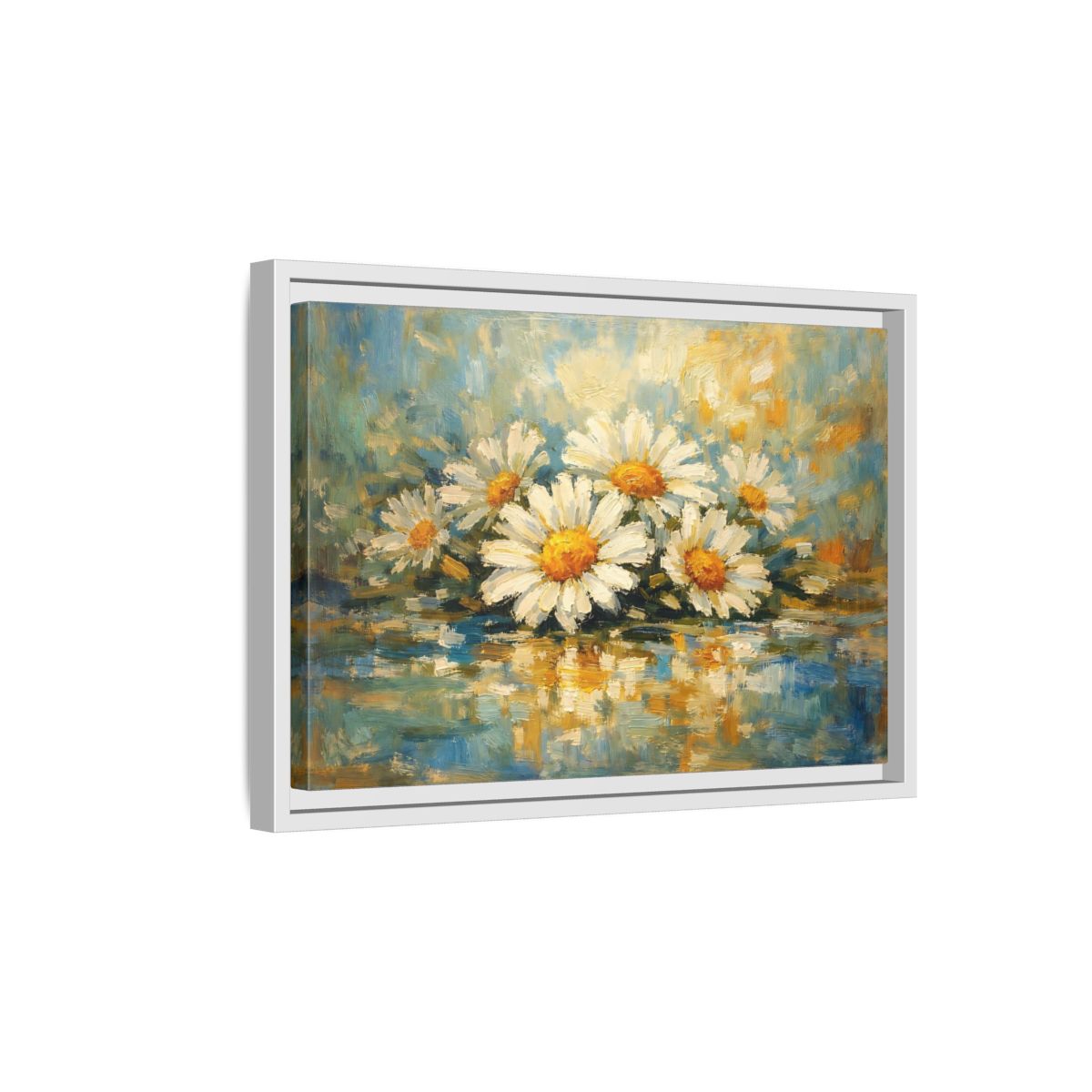 Side Mockup 4. Floral Daisies White Daisies Blue shown as stretched canvas wall art