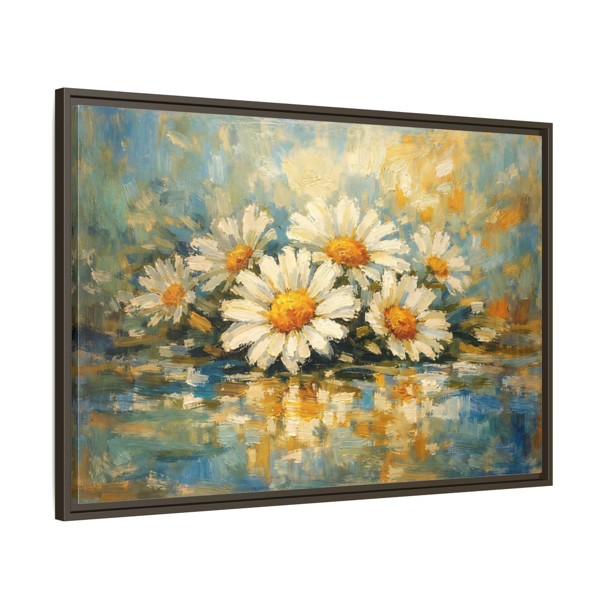 Side Mockup 9. Floral Daisies White Daisies Blue shown as stretched canvas wall art
