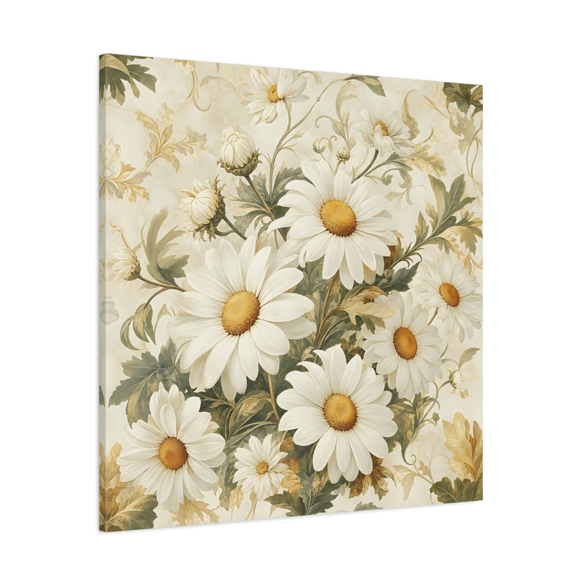 Side Mockup 1. Floral Daisies White Daisies shown as stretched canvas wall art