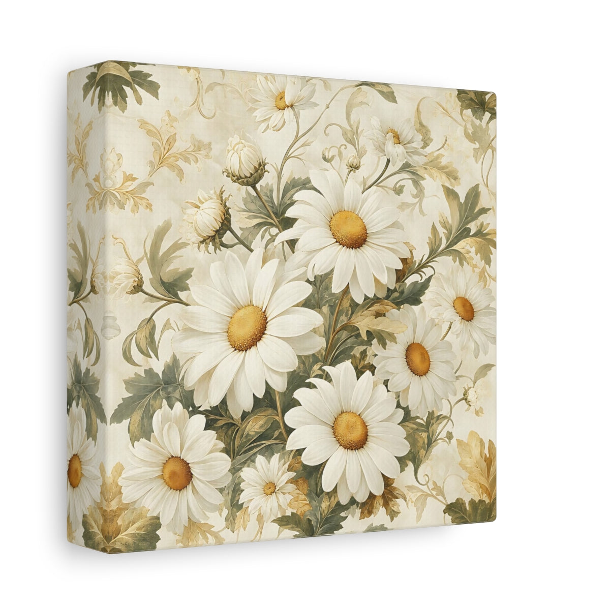 Side Mockup 2. Floral Daisies White Daisies shown as stretched canvas wall art