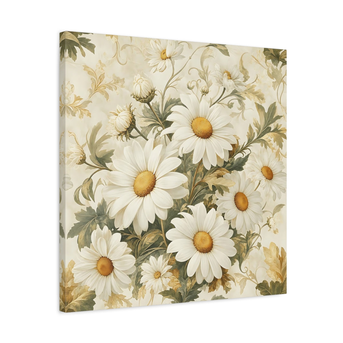 Side Mockup 4. Floral Daisies White Daisies shown as stretched canvas wall art