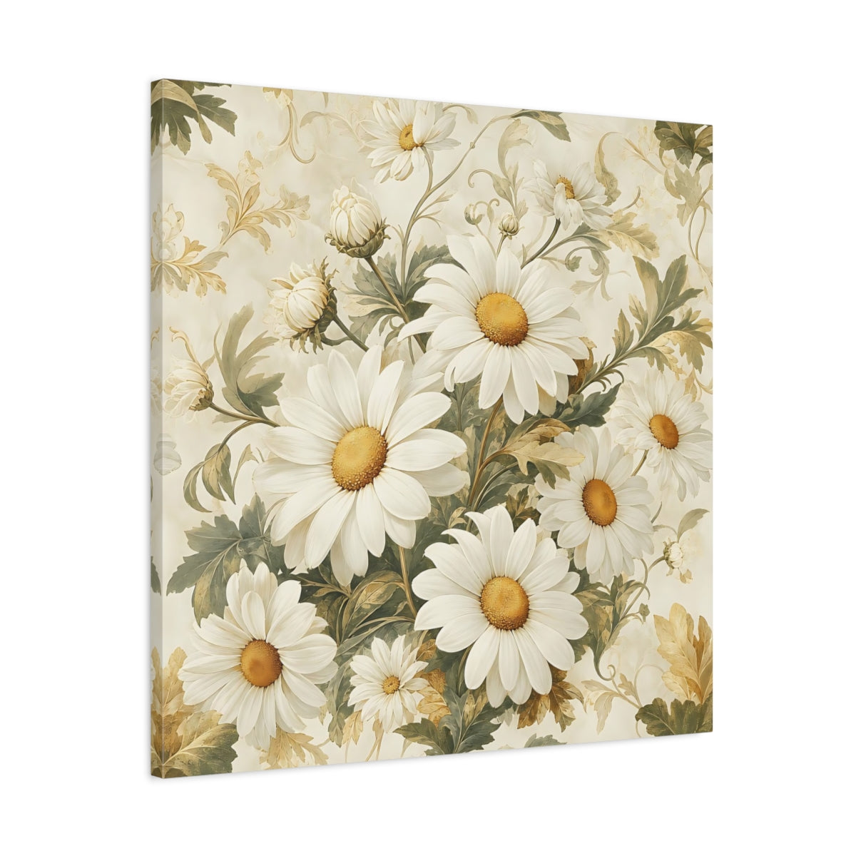 Side Mockup 3. Floral Daisies White Daisies shown as stretched canvas wall art