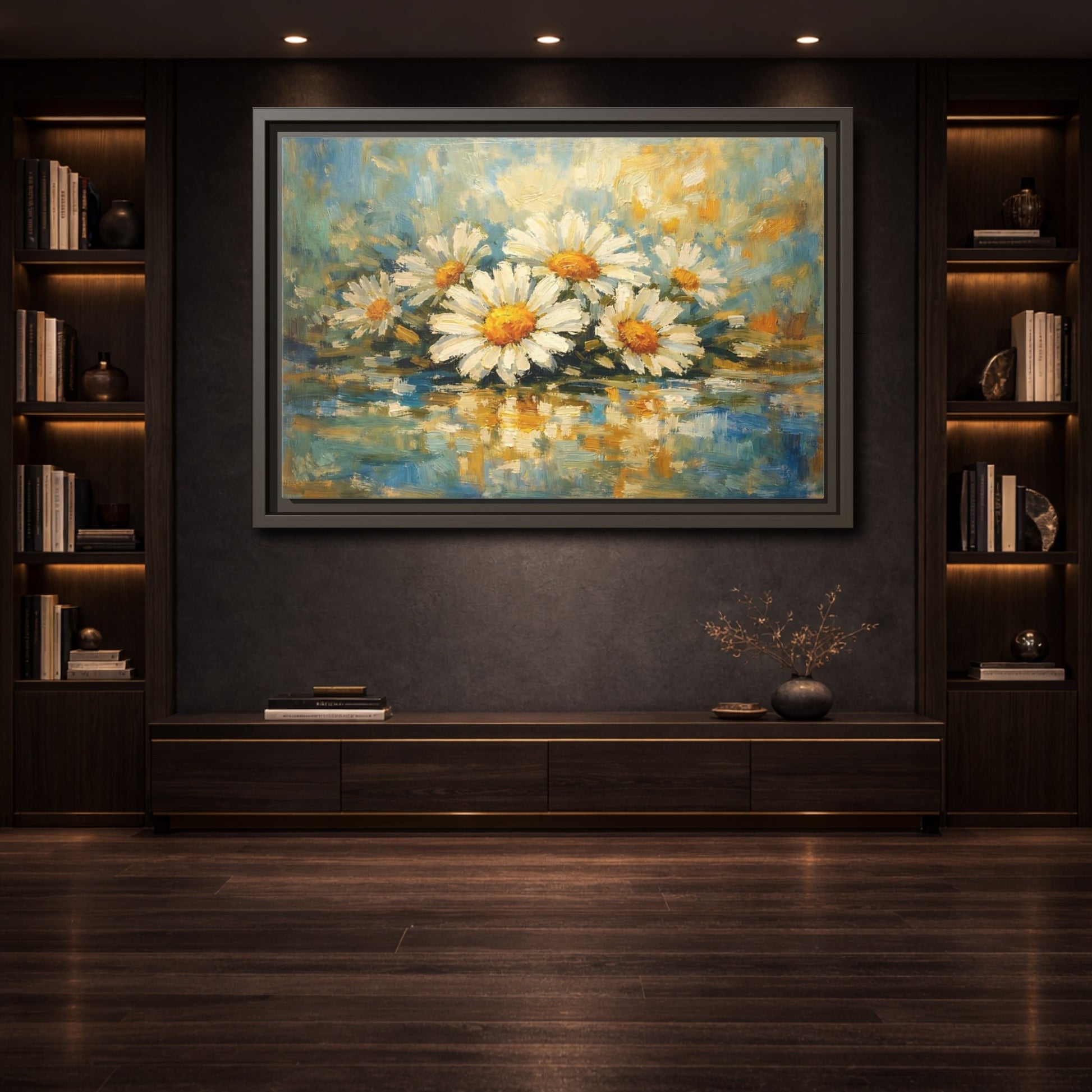 Mockup 3. Floral Daisies White Daisies Blue shown as stretched canvas wall art