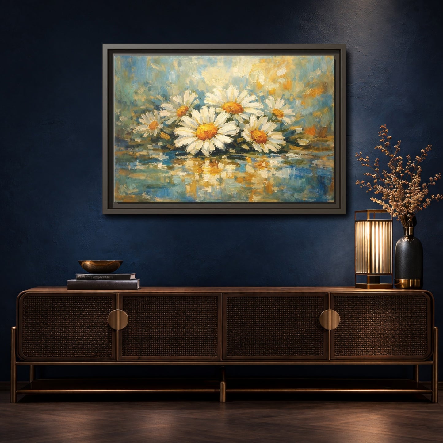 Mockup 4. Floral Daisies White Daisies Blue shown as stretched canvas wall art