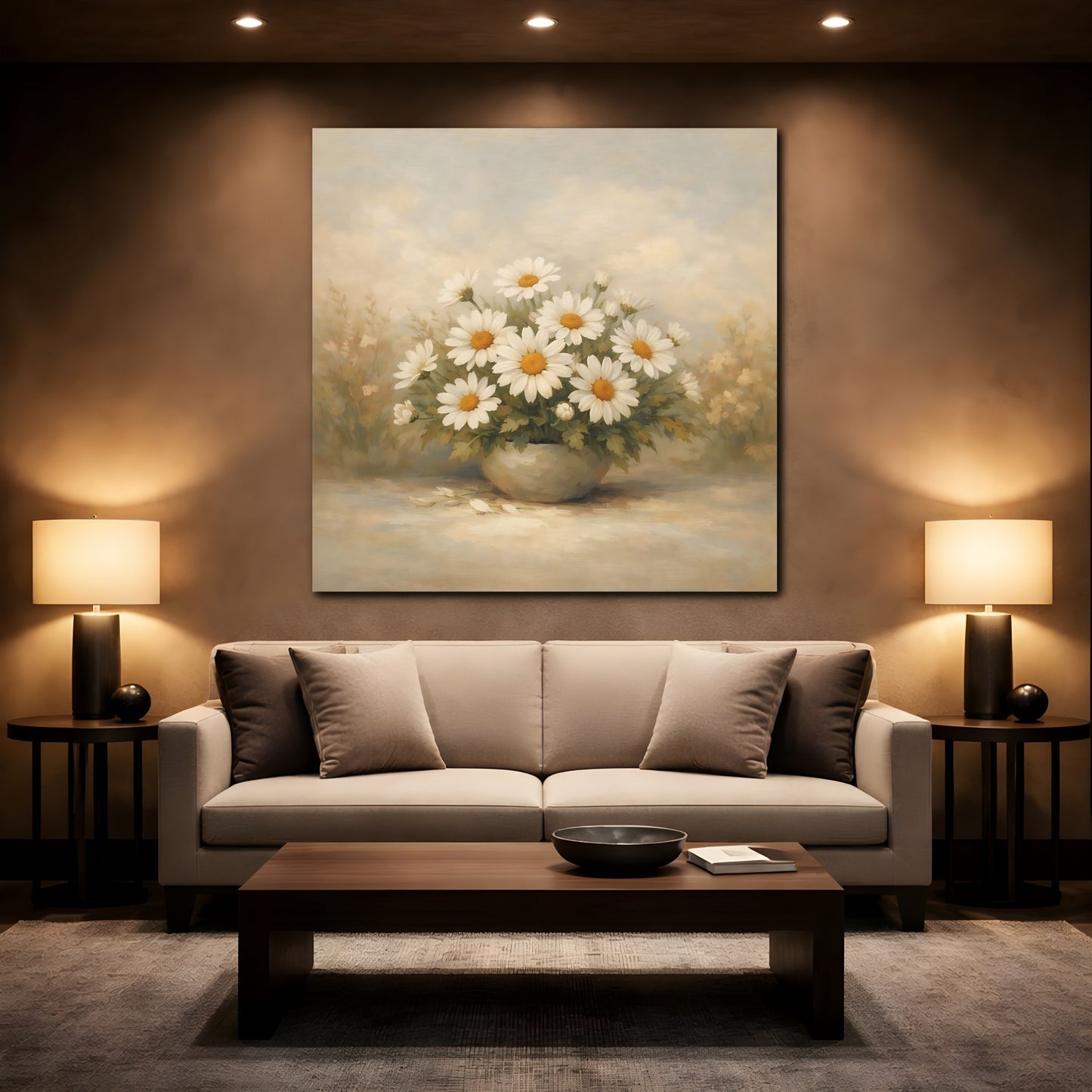 Mockup 2. Floral Daisies White Daisies shown as stretched canvas wall art