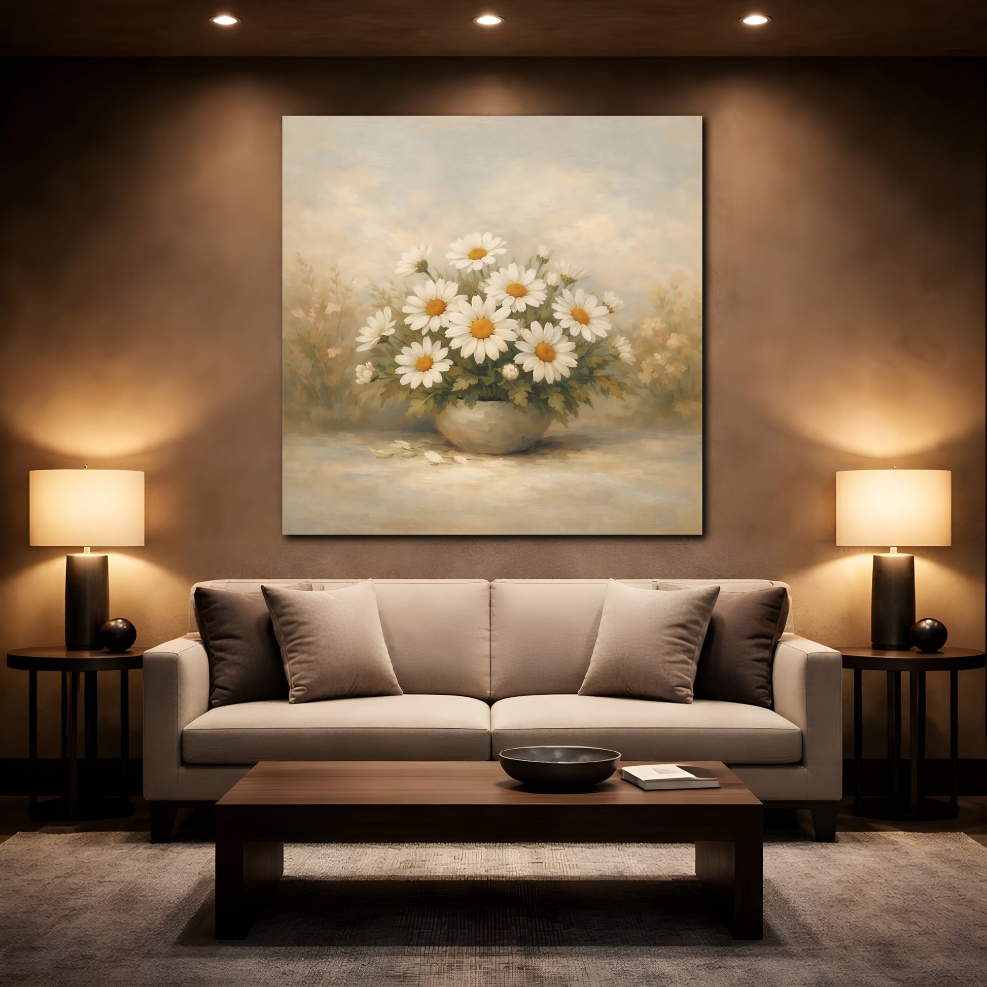 Mockup 2. Floral Daisies White Daisies shown as stretched canvas wall art