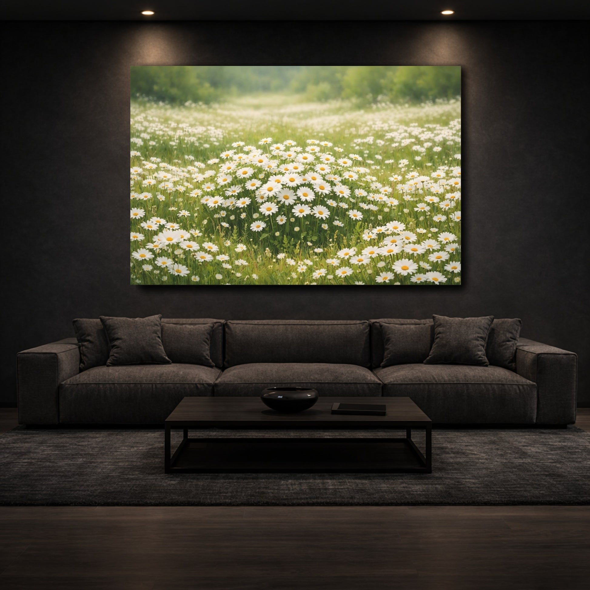 Mockup 2. Floral Daisies White Daisies shown as stretched canvas wall art
