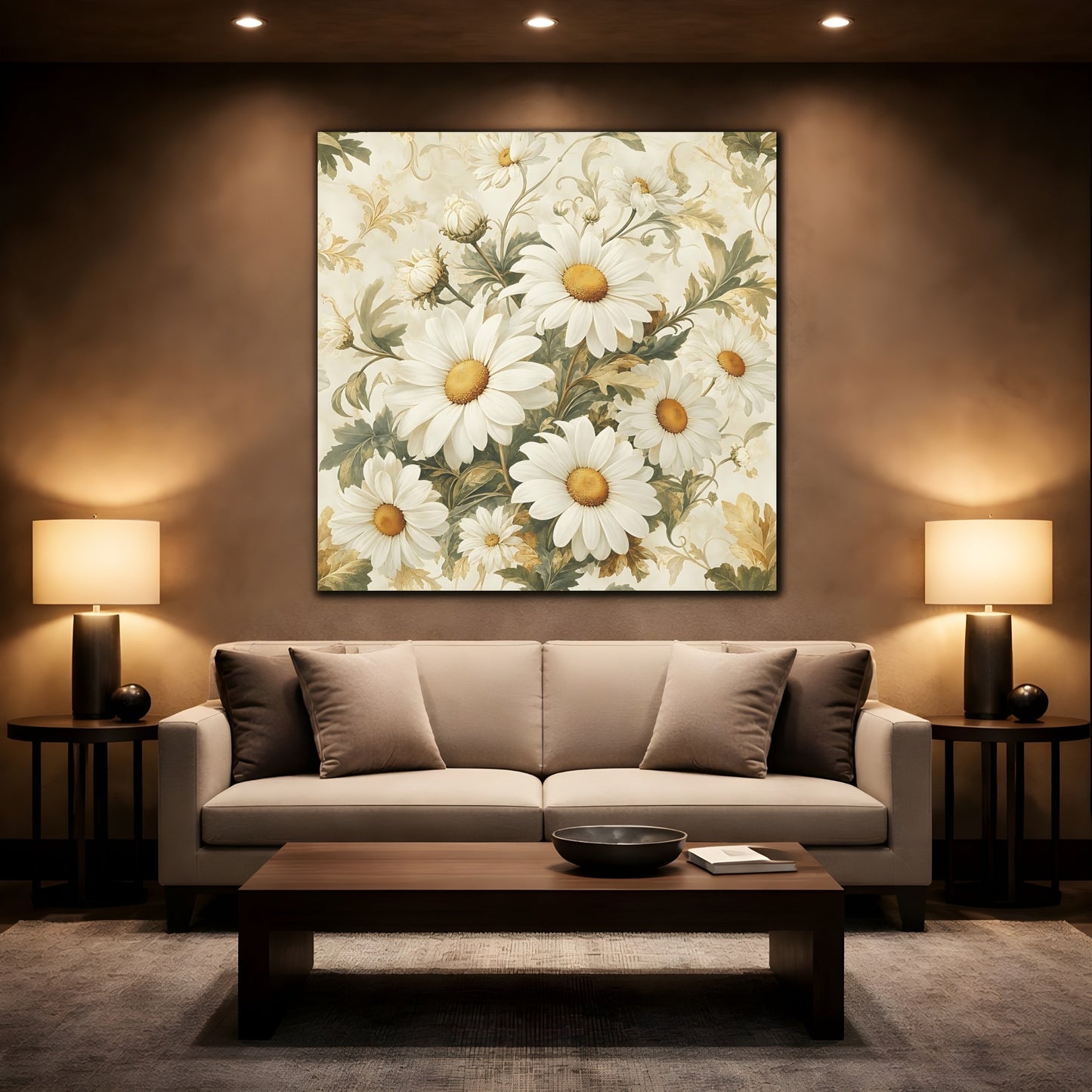 Mockup 2. Floral Daisies White Daisies shown as stretched canvas wall art