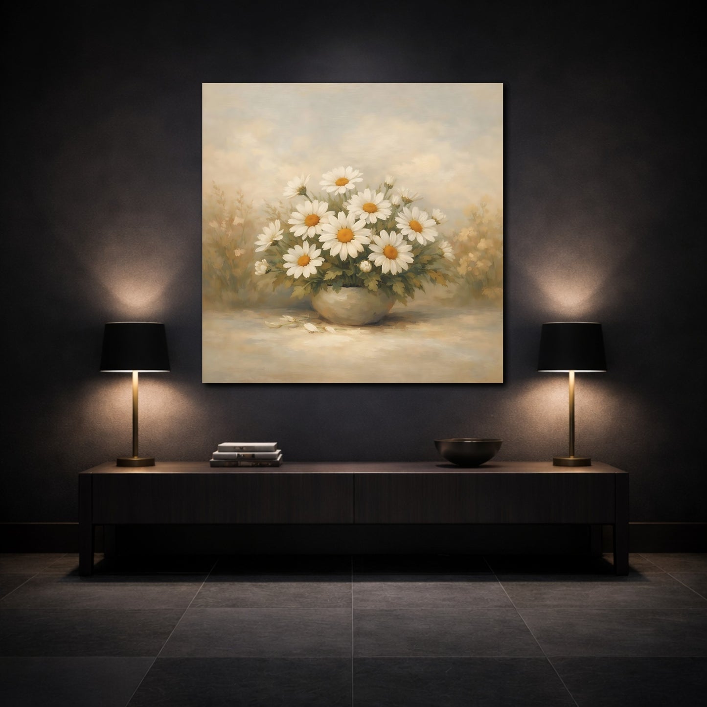Mockup 3. Floral Daisies White Daisies shown as stretched canvas wall art
