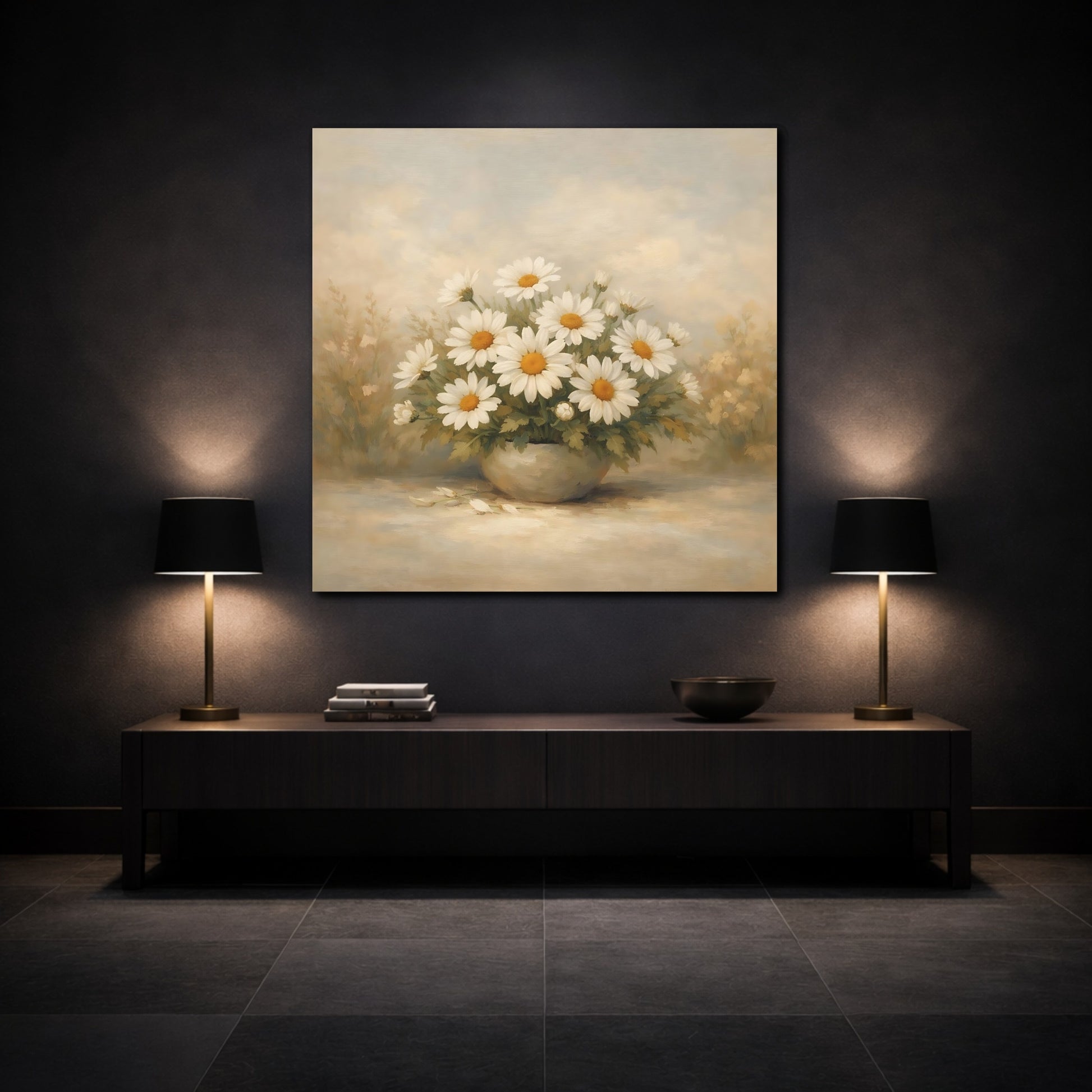 Mockup 3. Floral Daisies White Daisies shown as stretched canvas wall art