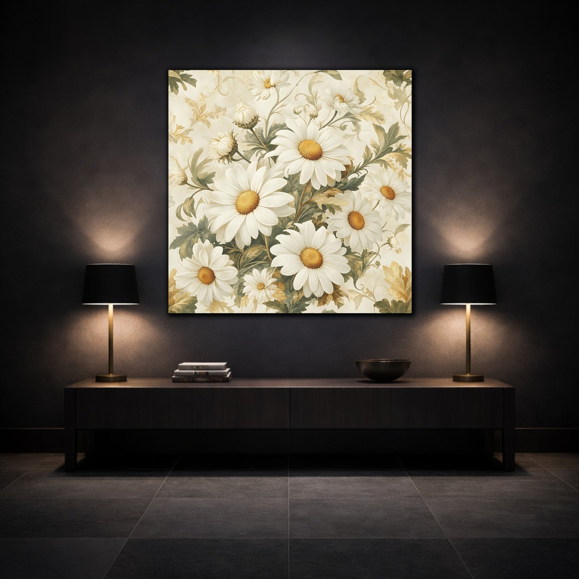 Mockup 3. Floral Daisies White Daisies shown as stretched canvas wall art