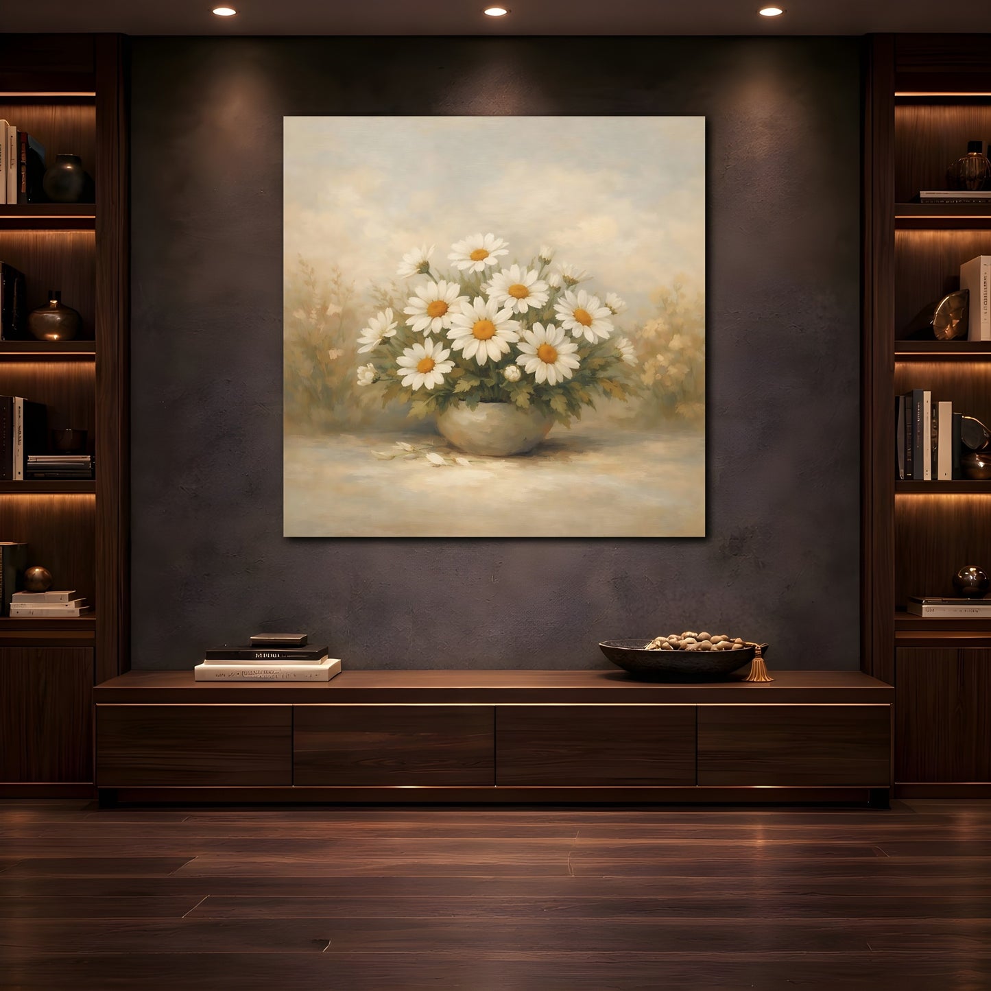 Mockup 4. Floral Daisies White Daisies shown as stretched canvas wall art