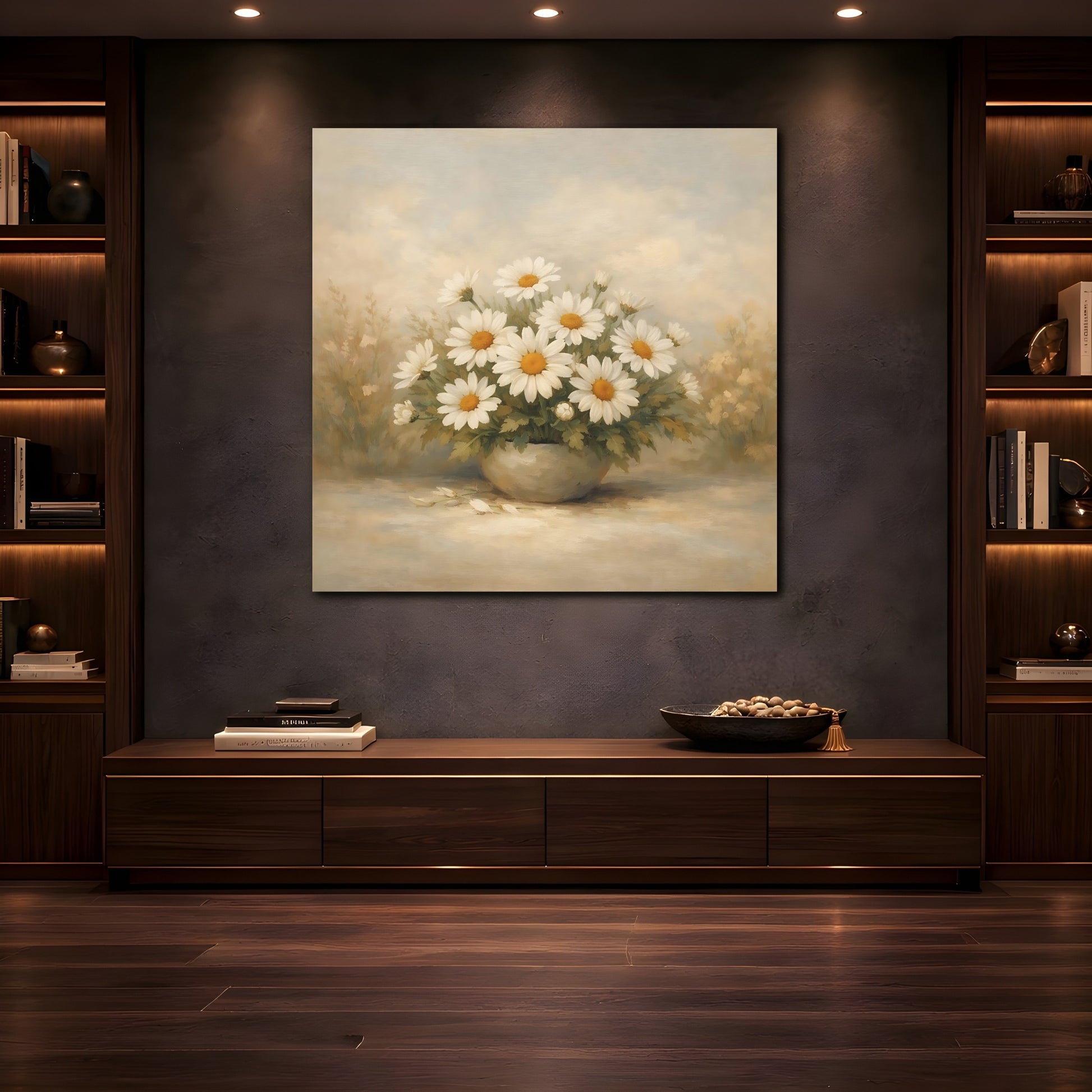 Mockup 4. Floral Daisies White Daisies shown as stretched canvas wall art