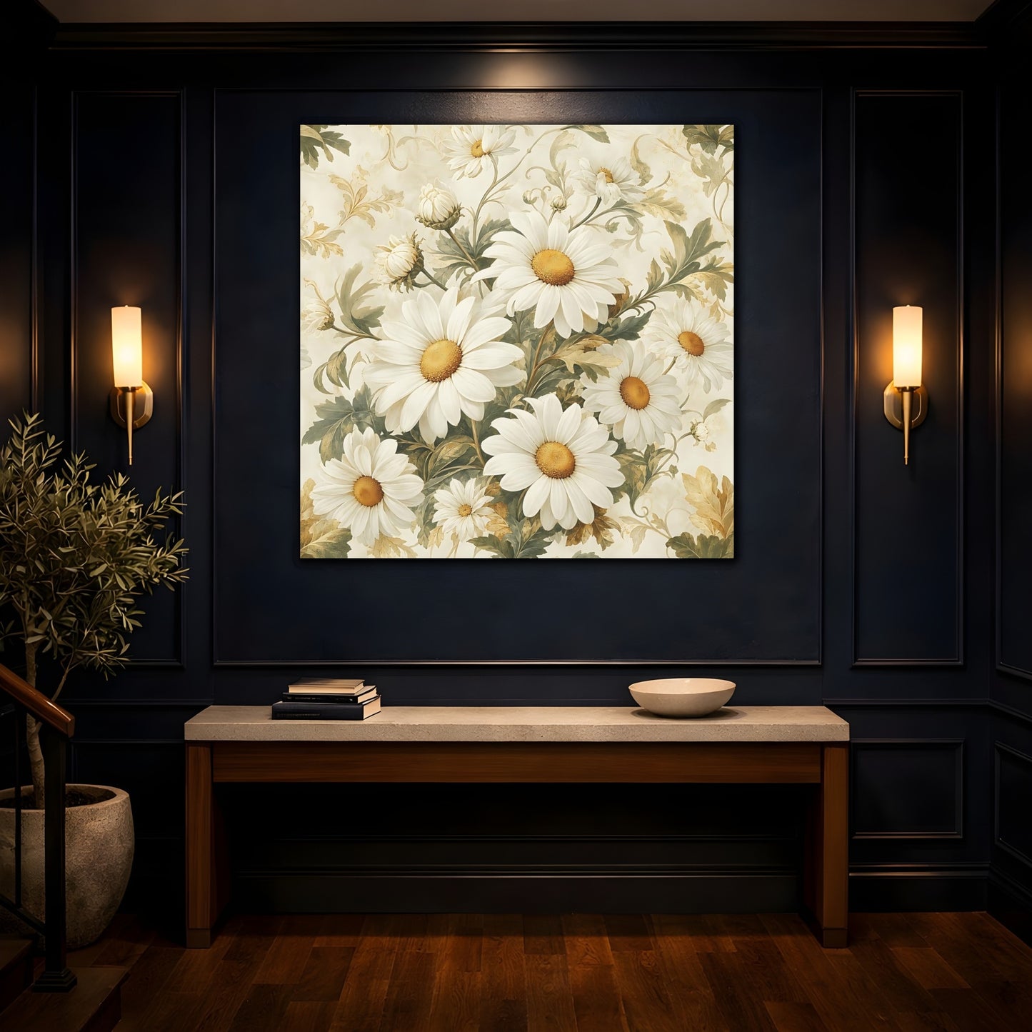 Mockup 4. Floral Daisies White Daisies shown as stretched canvas wall art