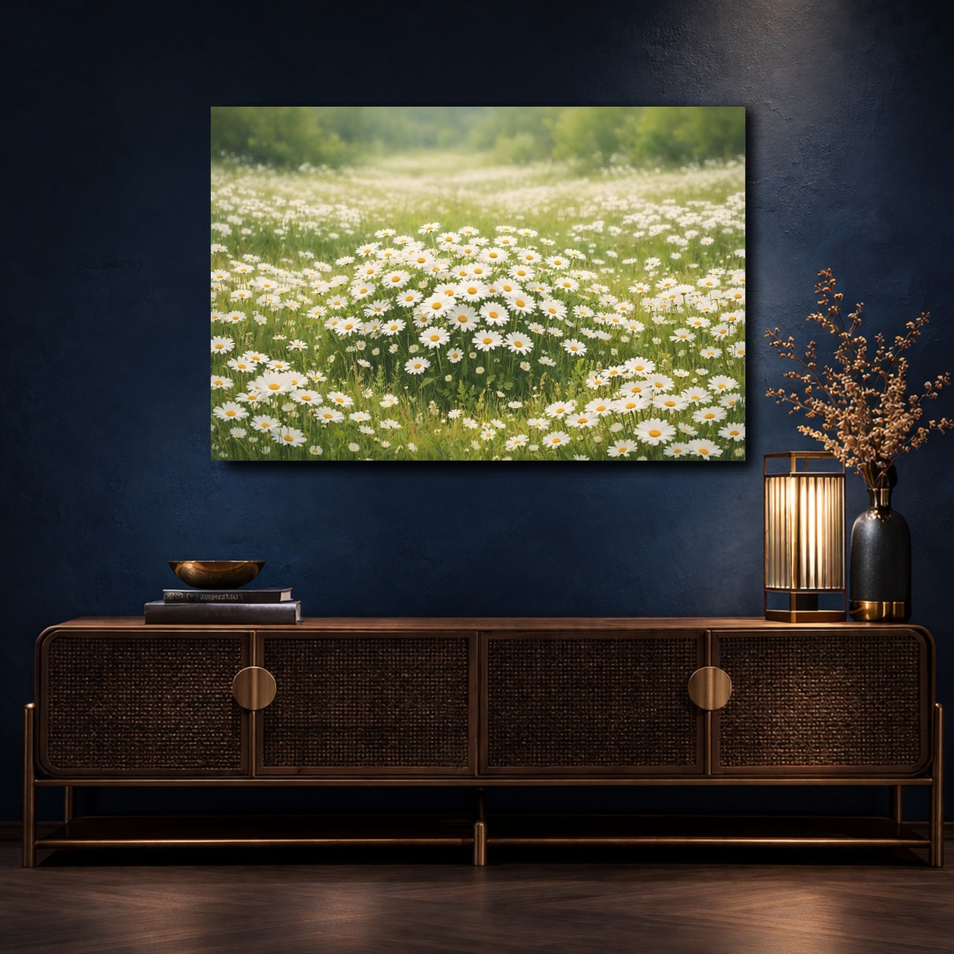 Mockup 4. Floral Daisies White Daisies shown as stretched canvas wall art