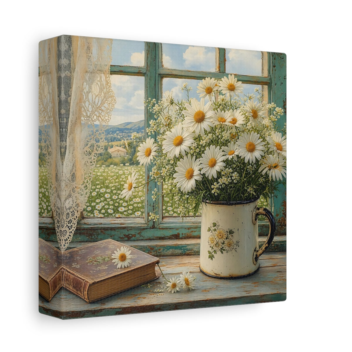 Side Mockup 2. Floral Daisies Daisies Window shown as stretched canvas wall art