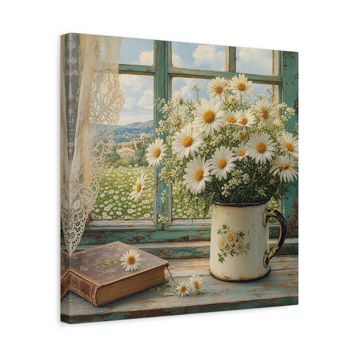 Side Mockup 6. Floral Daisies Daisies Window shown as stretched canvas wall art