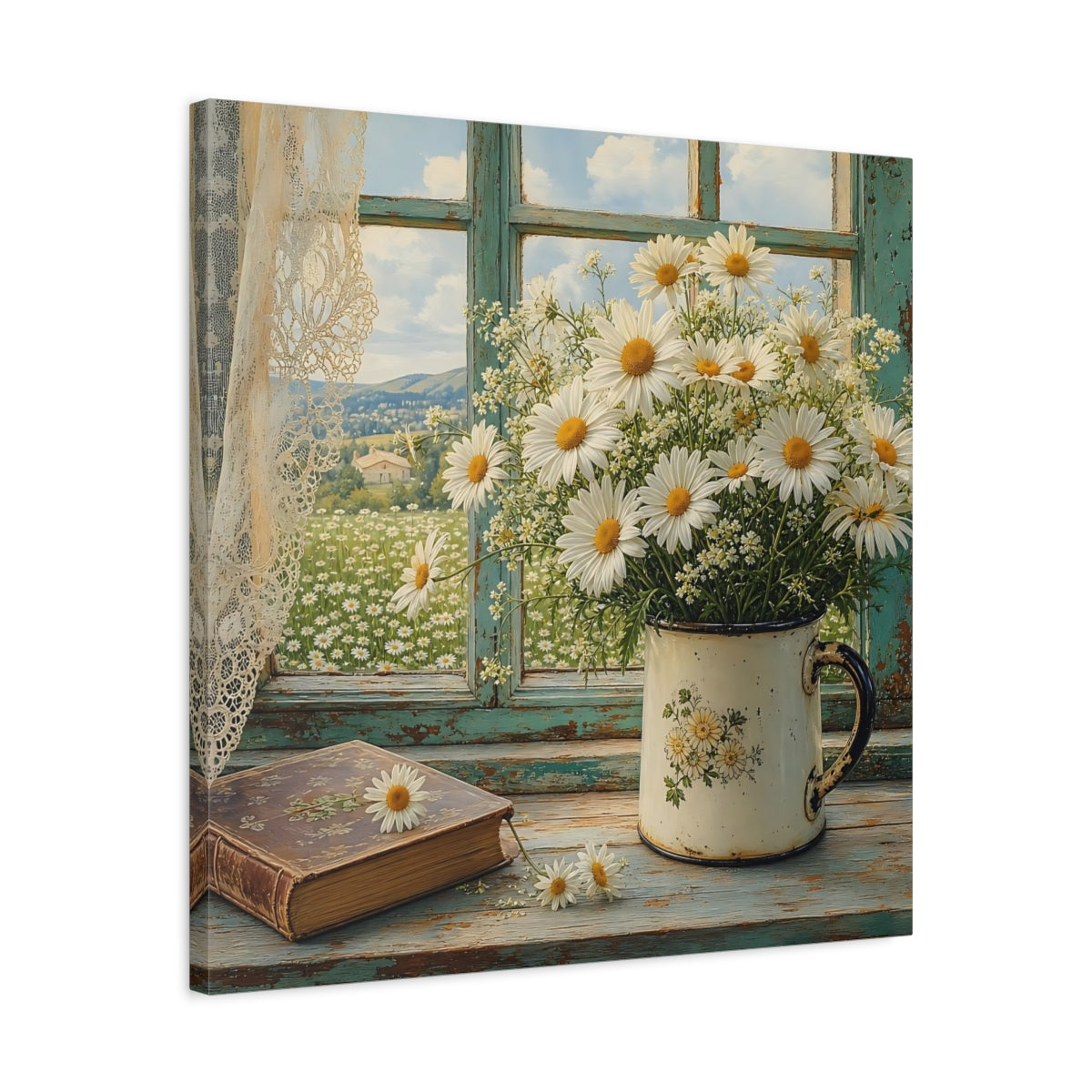 Side Mockup 4. Floral Daisies Daisies Window shown as stretched canvas wall art