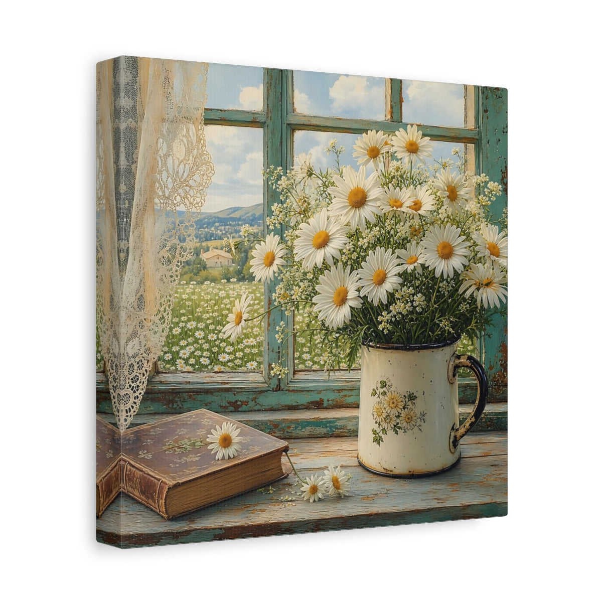 Side Mockup 9. Floral Daisies Daisies Window shown as stretched canvas wall art