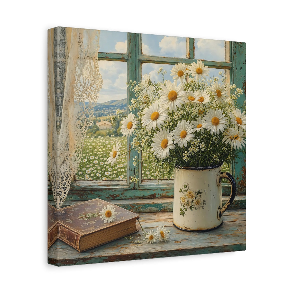 Side Mockup 8. Floral Daisies Daisies Window shown as stretched canvas wall art