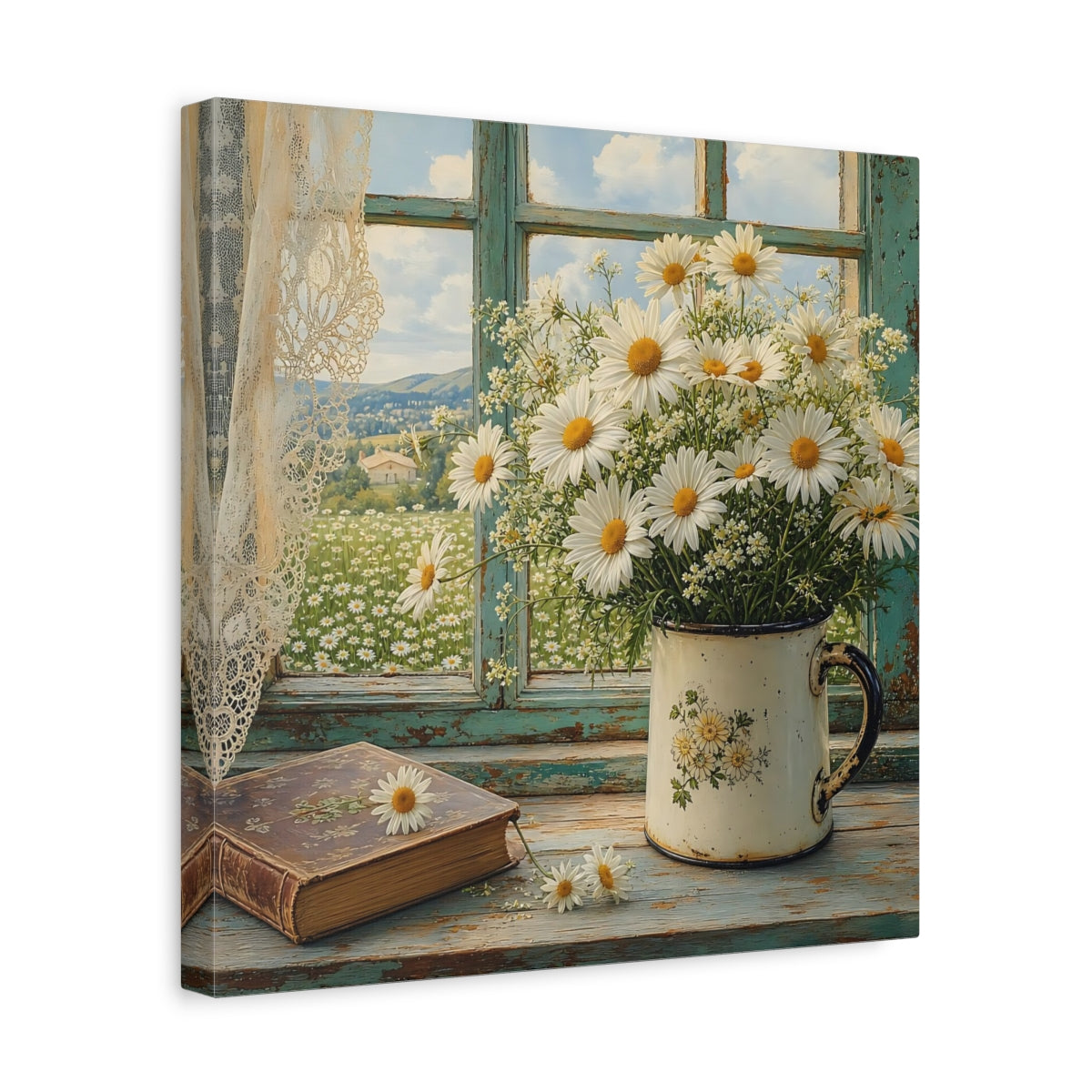 Side Mockup 7. Floral Daisies Daisies Window shown as stretched canvas wall art