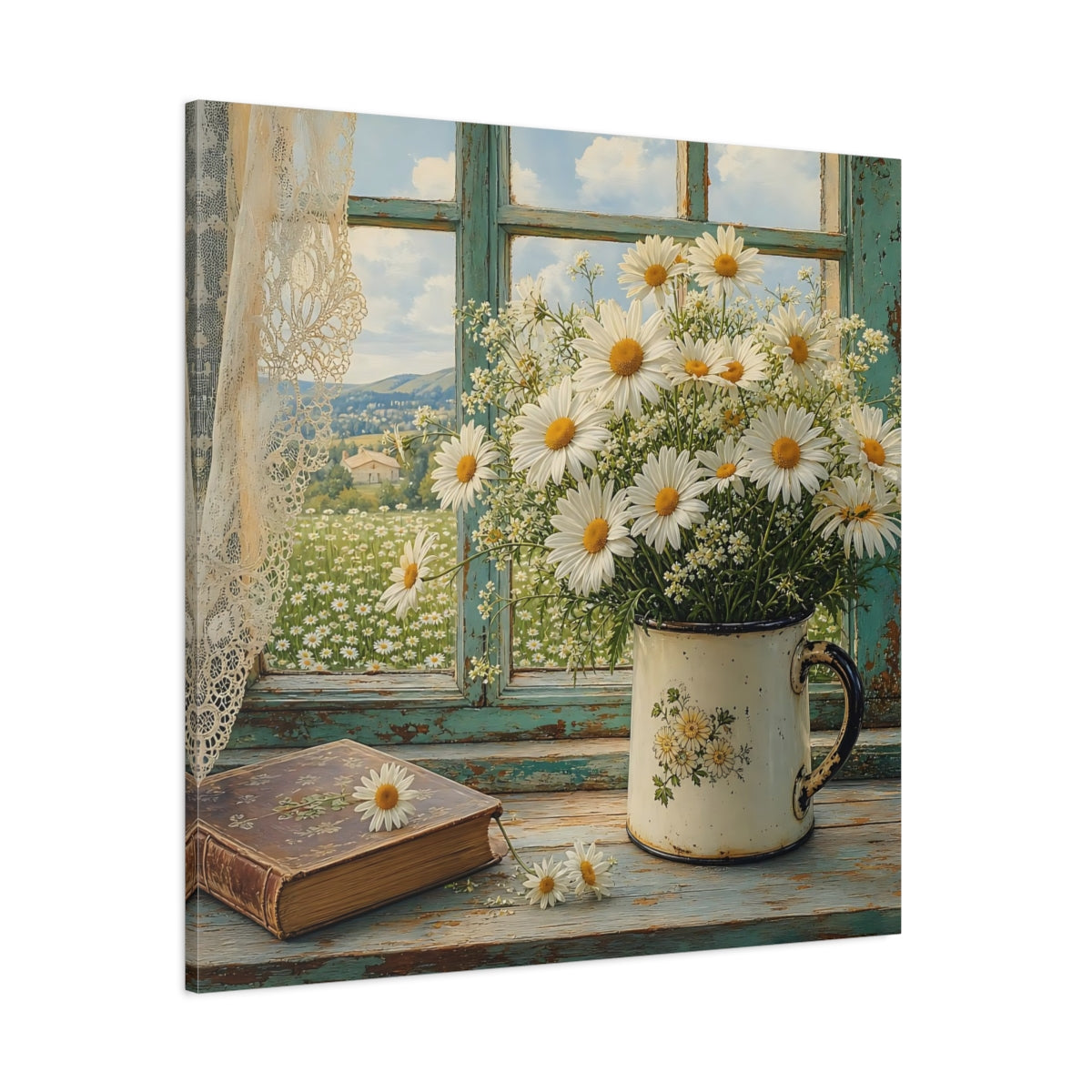 Side Mockup 1. Floral Daisies Daisies Window shown as stretched canvas wall art