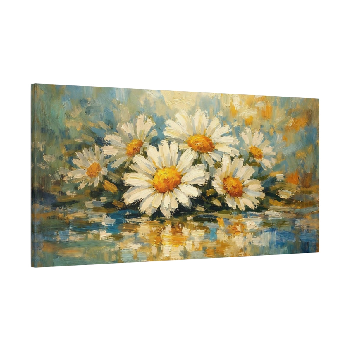 Main Mockup. Floral Daisies Yellow And Blue Floral shown as stretched canvas wall art