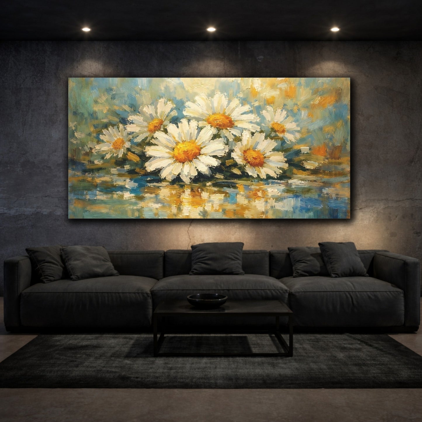 Mockup 2. Floral Daisies Yellow And Blue Floral shown as stretched canvas wall art