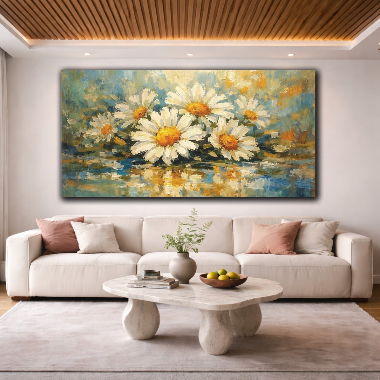 Mockup 3. Floral Daisies Yellow And Blue Floral shown as stretched canvas wall art