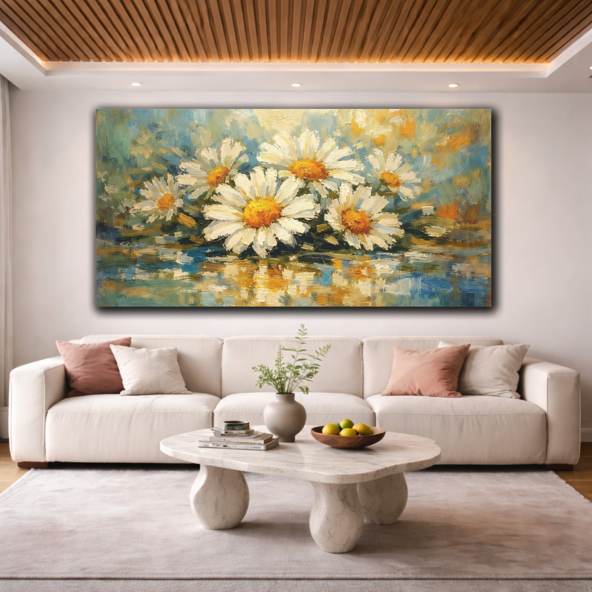 Mockup 3. Floral Daisies Yellow And Blue Floral shown as stretched canvas wall art