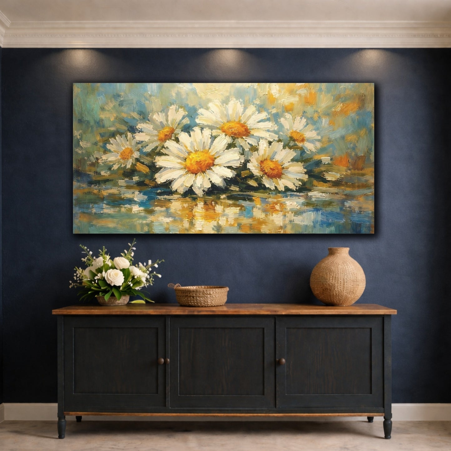 Mockup 4. Floral Daisies Yellow And Blue Floral shown as stretched canvas wall art