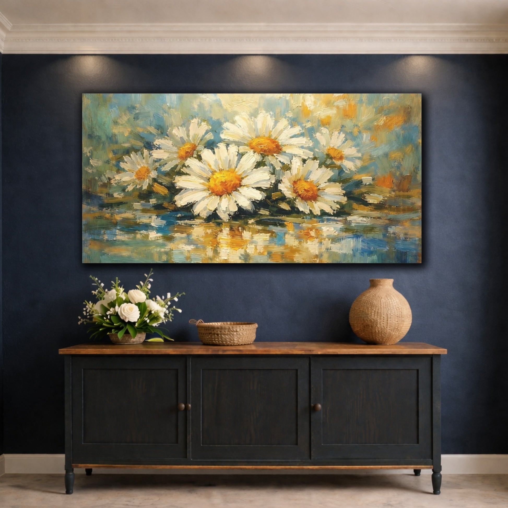 Mockup 4. Floral Daisies Yellow And Blue Floral shown as stretched canvas wall art