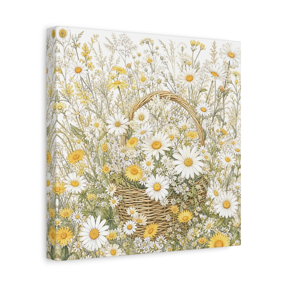 Side Mockup 8. Floral Daisies Yellow White Floral shown as stretched canvas wall art