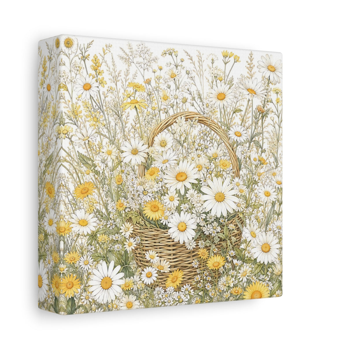 Side Mockup 2. Floral Daisies Yellow White Floral shown as stretched canvas wall art
