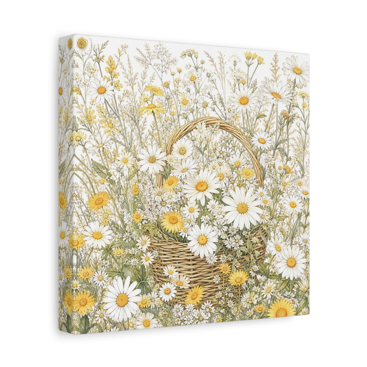 Side Mockup 9. Floral Daisies Yellow White Floral shown as stretched canvas wall art