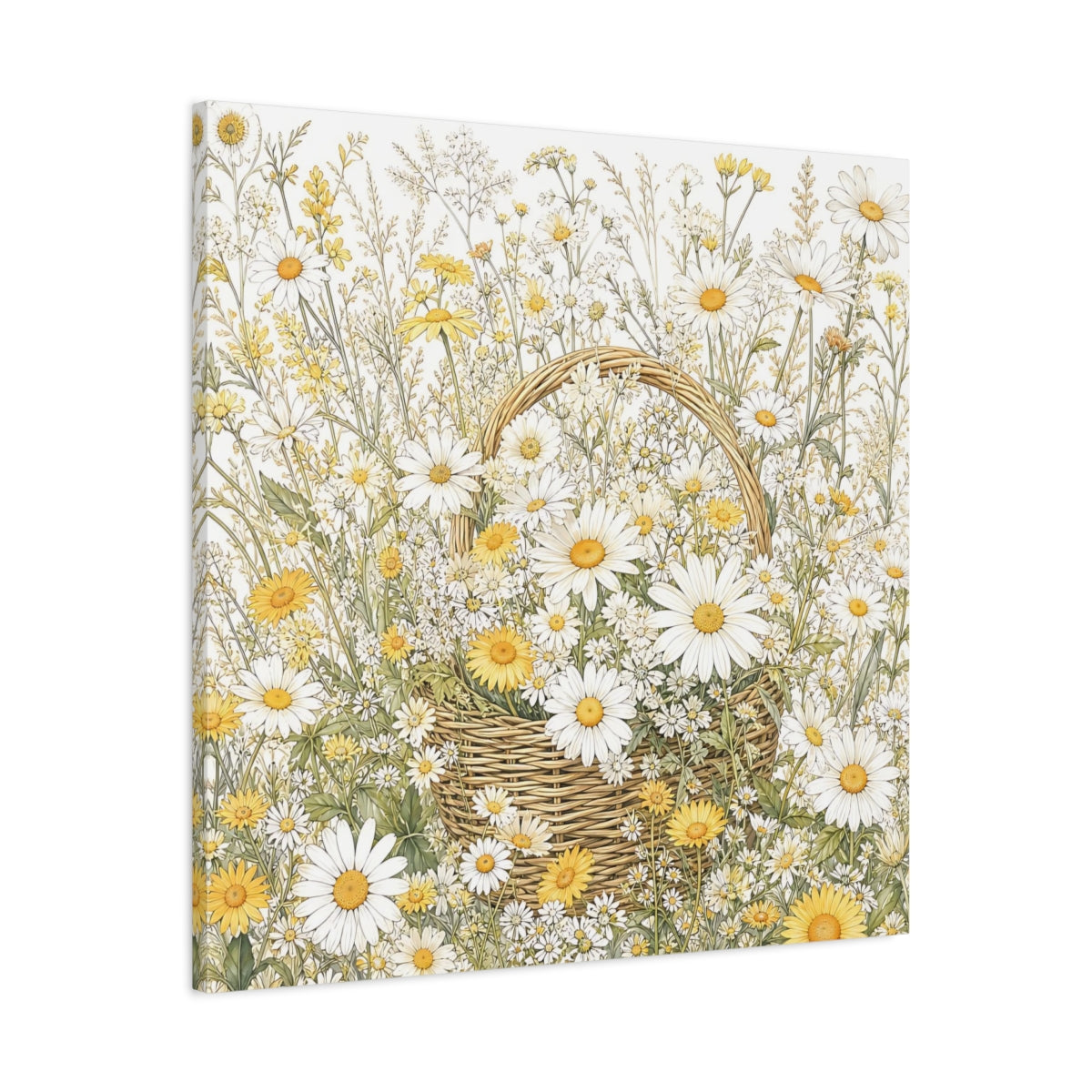 Side Mockup 3. Floral Daisies Yellow White Floral shown as stretched canvas wall art
