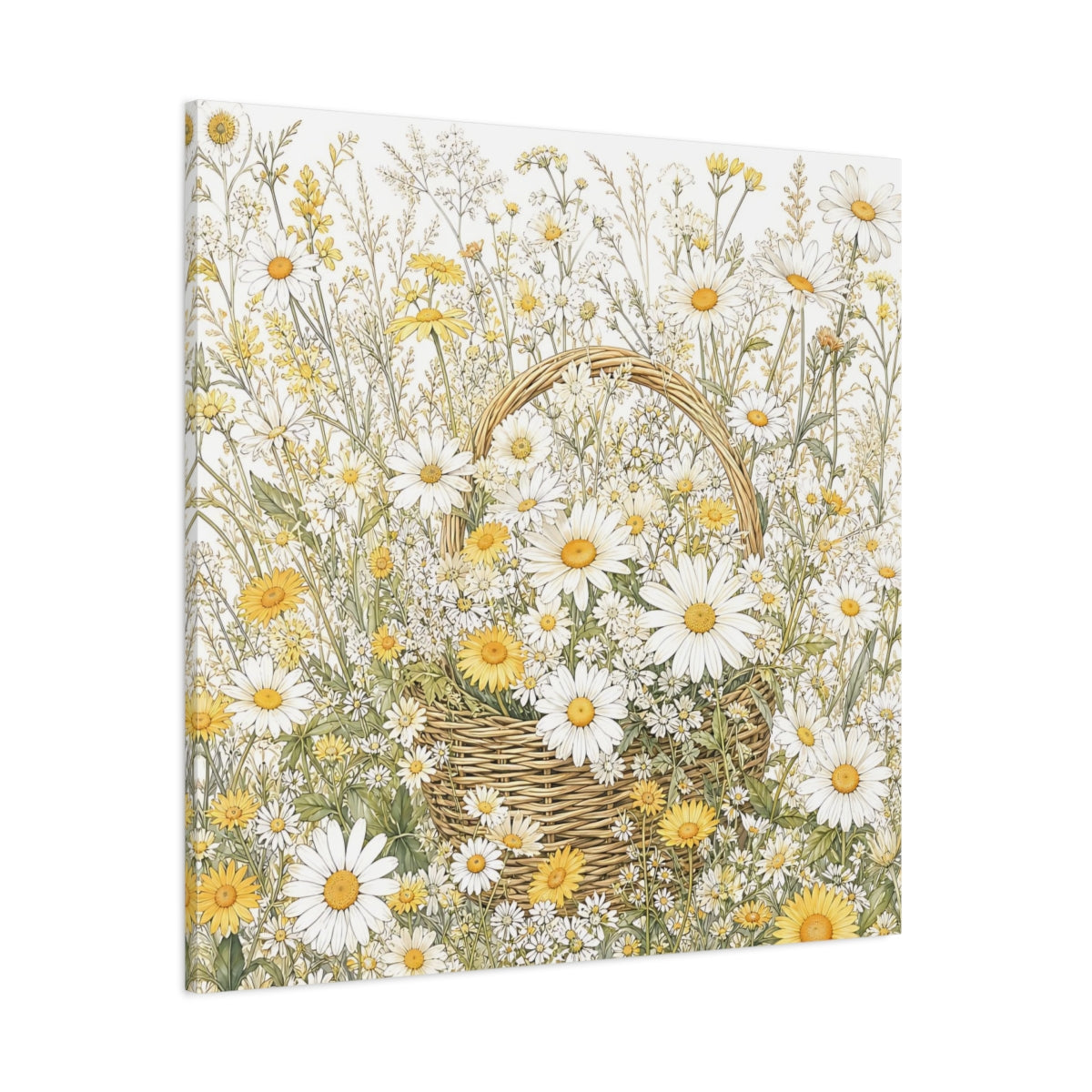 Side Mockup 1. Floral Daisies Yellow White Floral shown as stretched canvas wall art
