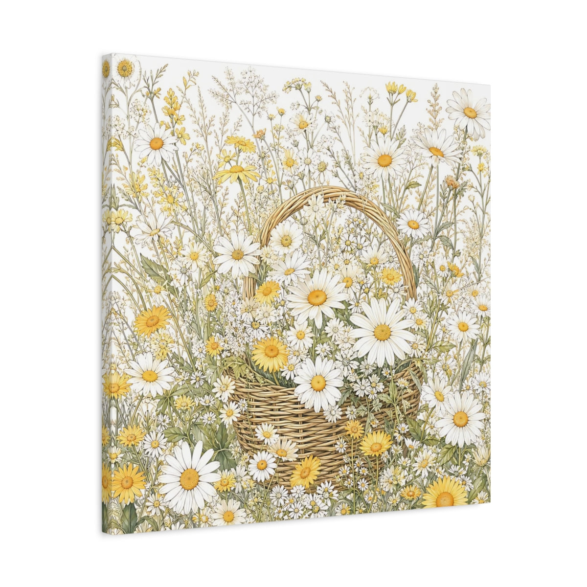Side Mockup 4. Floral Daisies Yellow White Floral shown as stretched canvas wall art