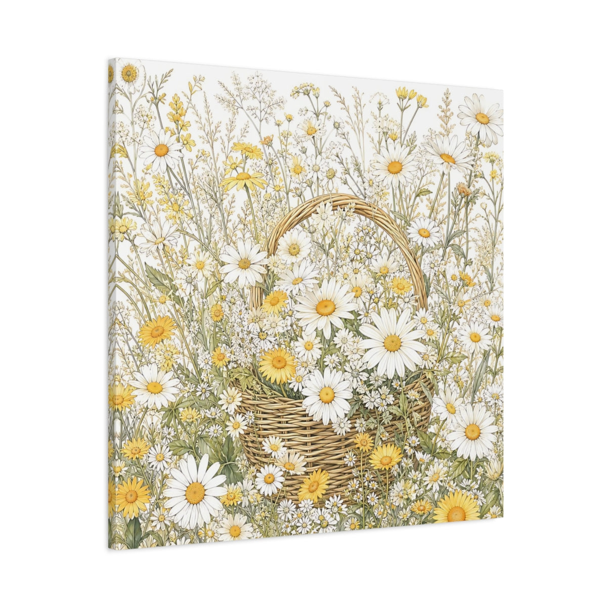 Main Mockup. Floral Daisies Yellow White Floral shown as stretched canvas wall art