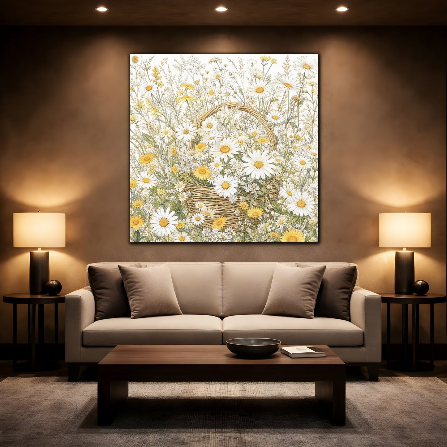 Mockup 2. Floral Daisies Yellow White Floral shown as stretched canvas wall art