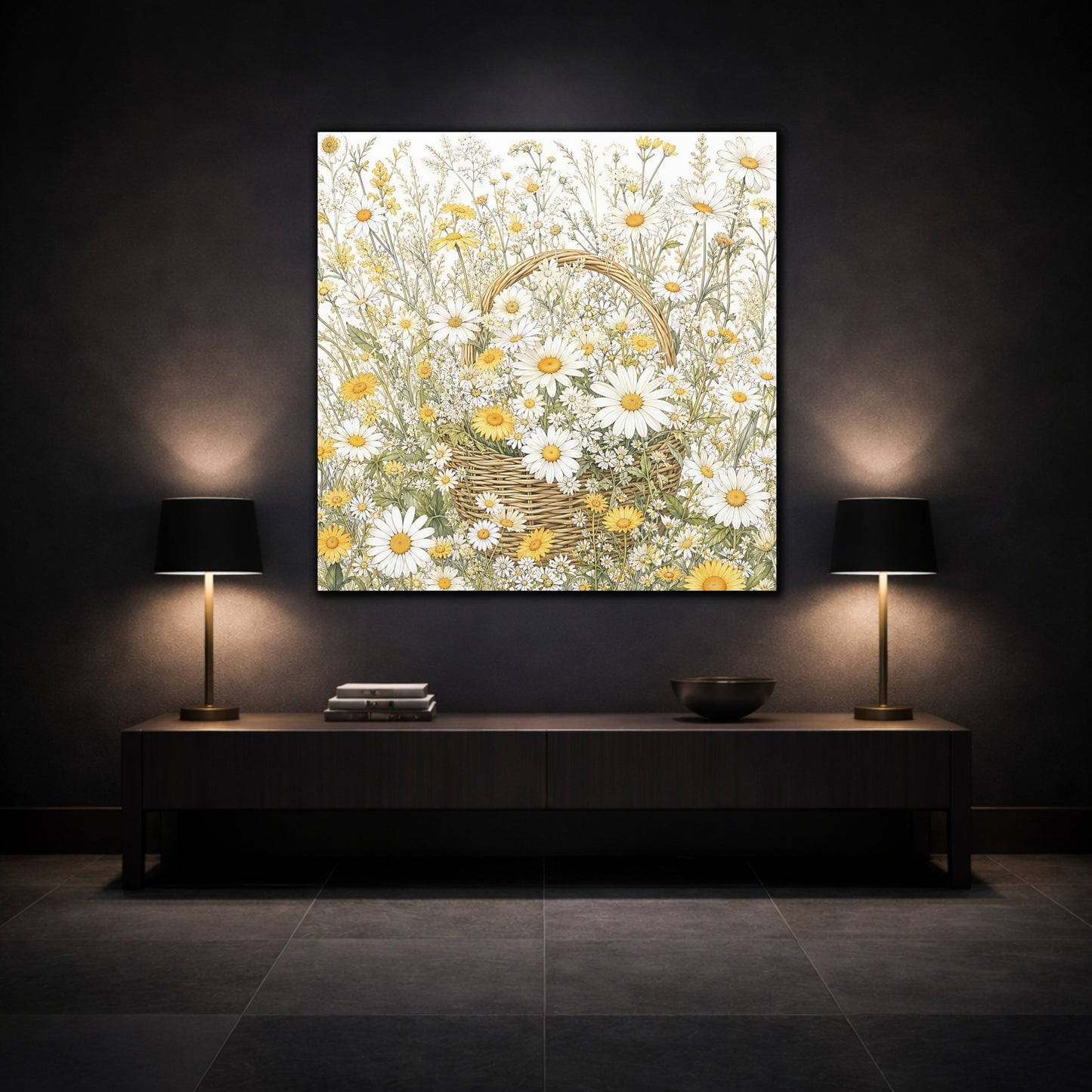 Mockup 3. Floral Daisies Yellow White Floral shown as stretched canvas wall art