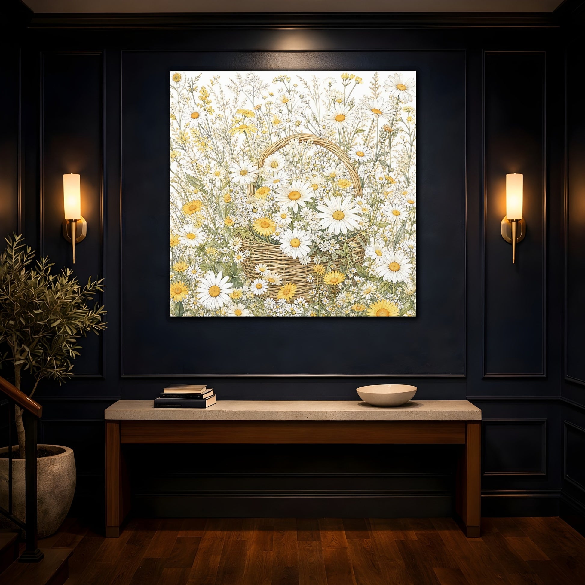 Mockup 4. Floral Daisies Yellow White Floral shown as stretched canvas wall art