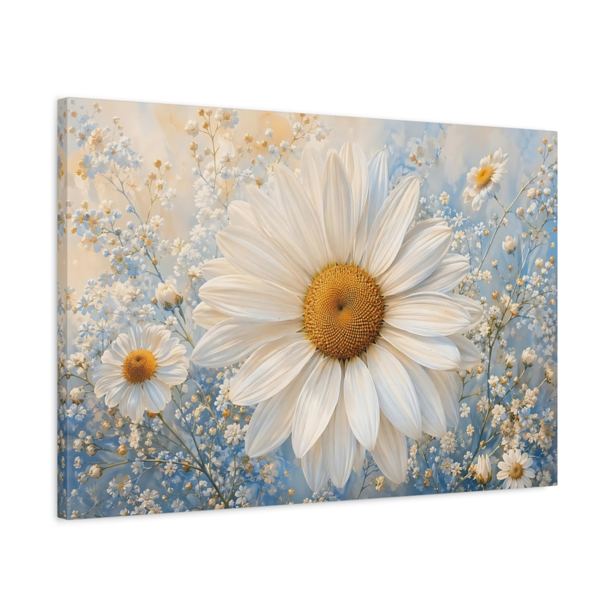 Side Mockup 2. Floral Daisy White Daisy Blue shown as stretched canvas wall art