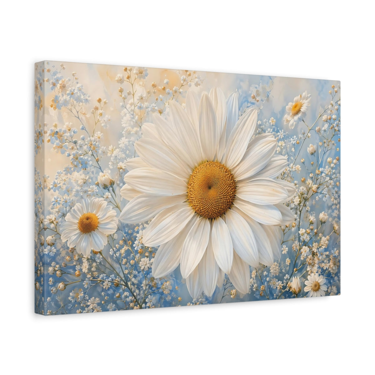 Side Mockup 4. Floral Daisy White Daisy Blue shown as stretched canvas wall art