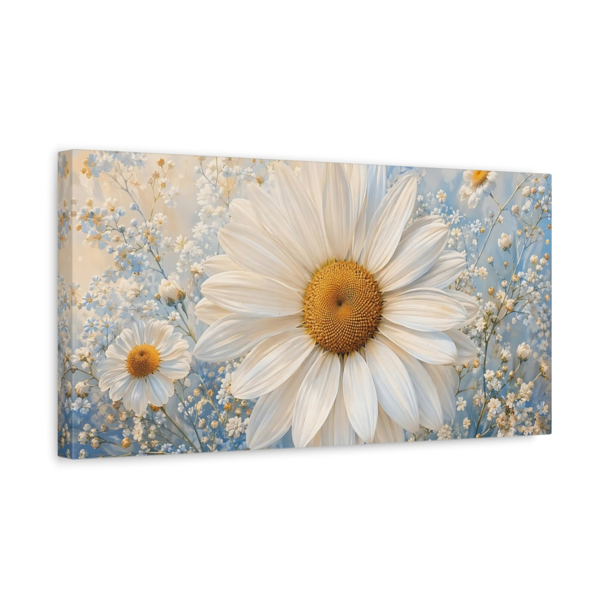Side Mockup 3. Floral Daisy White Daisy Blue shown as stretched canvas wall art